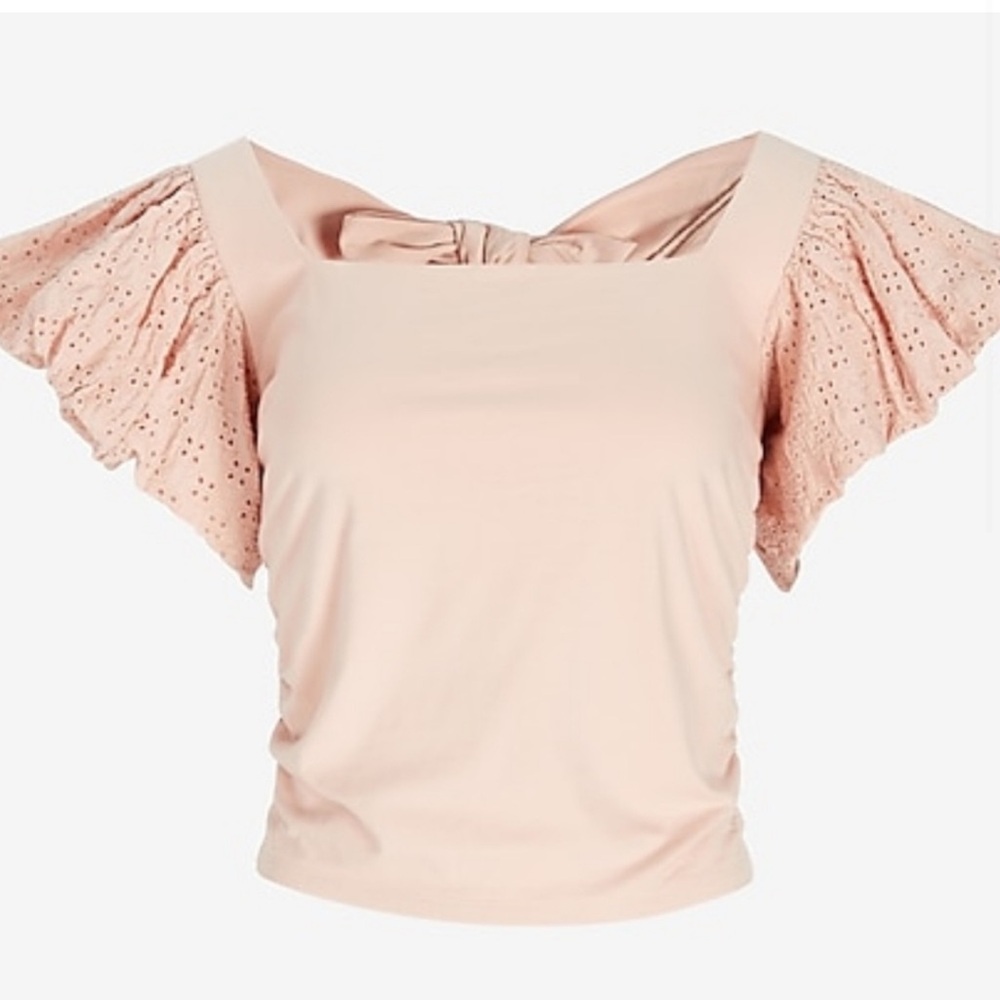 Express square neck eyelet puff sleeve tie back crop top peach light pink - Picture 2 of 12